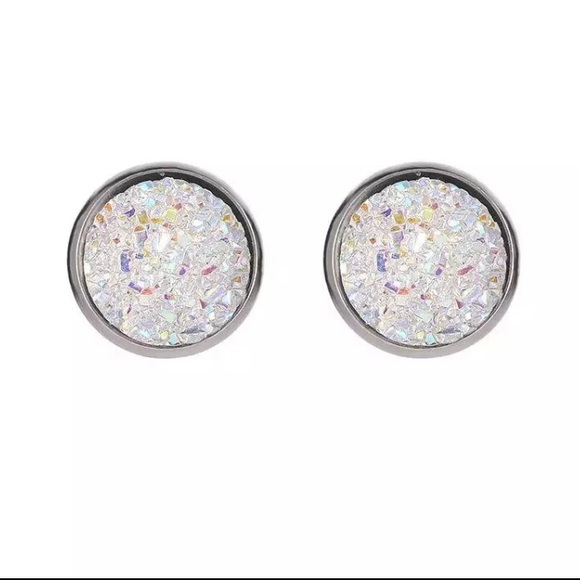 White Druzy Round Stud Earrings - Picture 2 of 3